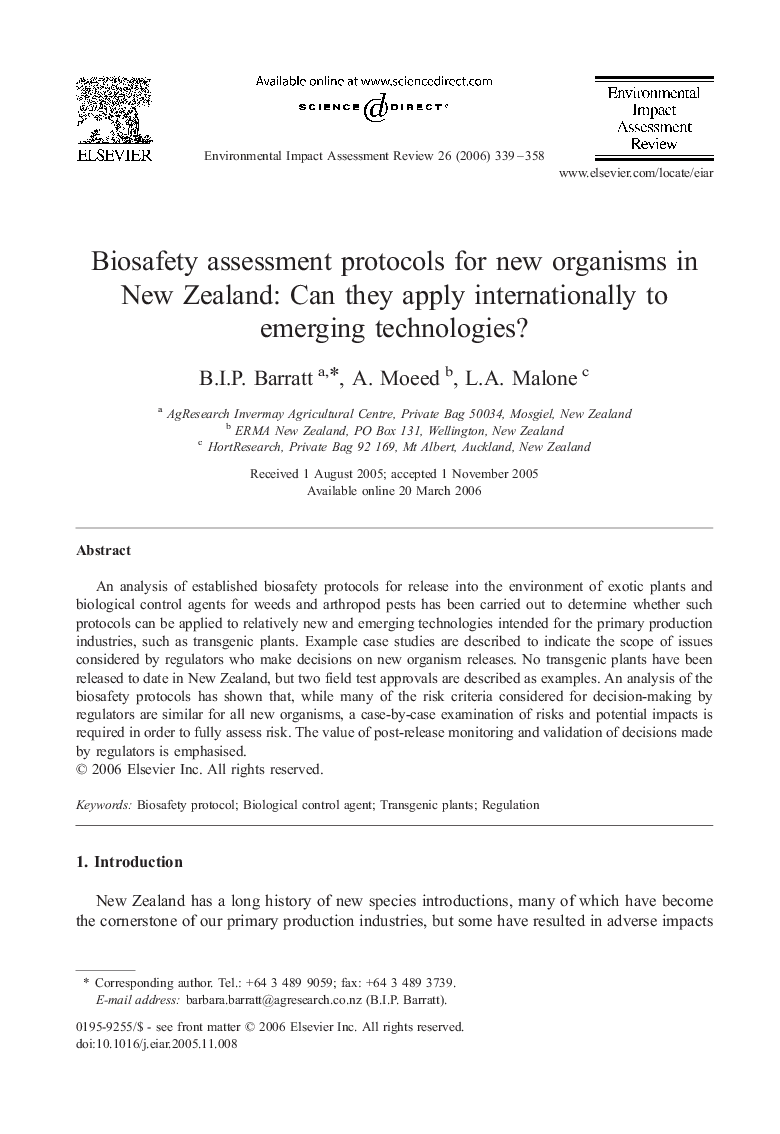 Biosafety assessment protocols for new organisms in New Zealand: Can they apply internationally to emerging technologies?