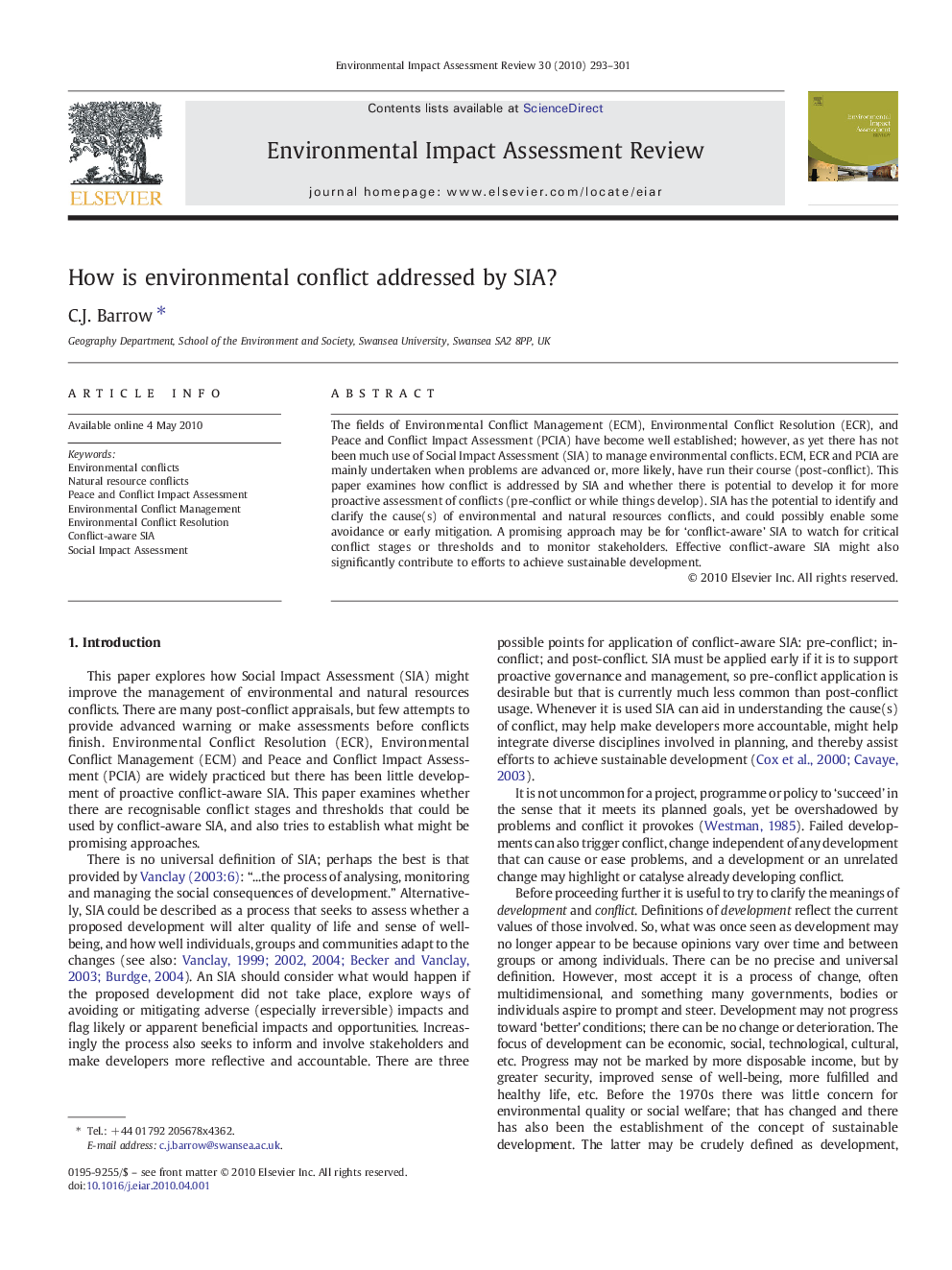 How is environmental conflict addressed by SIA?