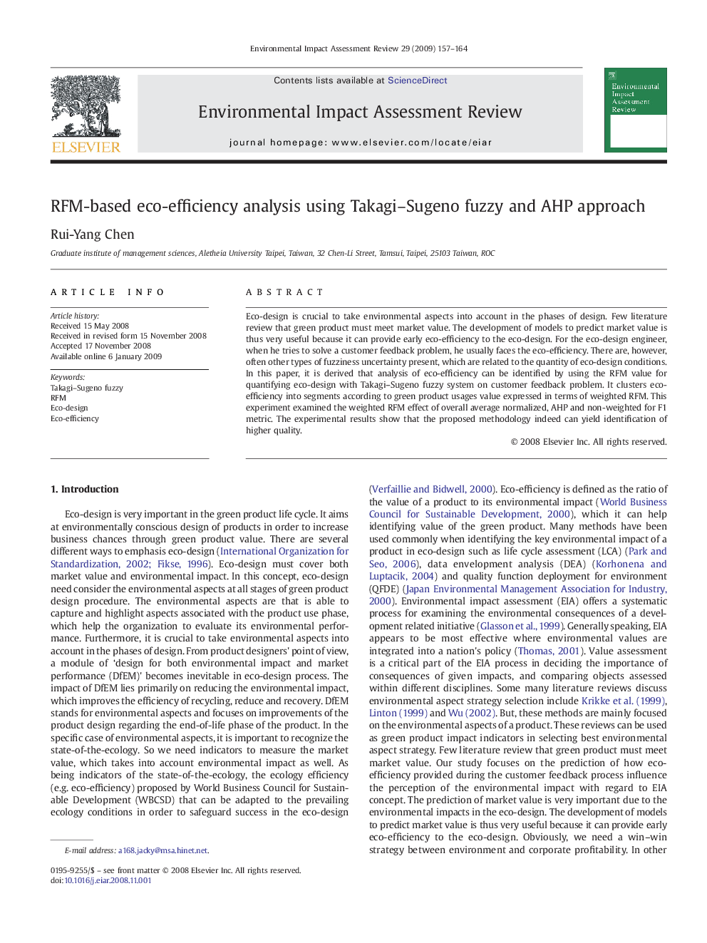 RFM-based eco-efficiency analysis using Takagi–Sugeno fuzzy and AHP approach