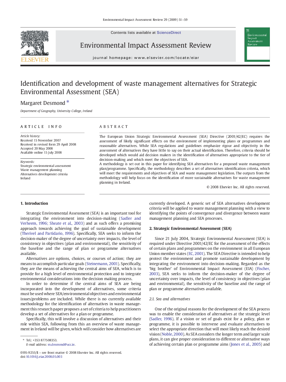 Identification and development of waste management alternatives for Strategic Environmental Assessment (SEA)