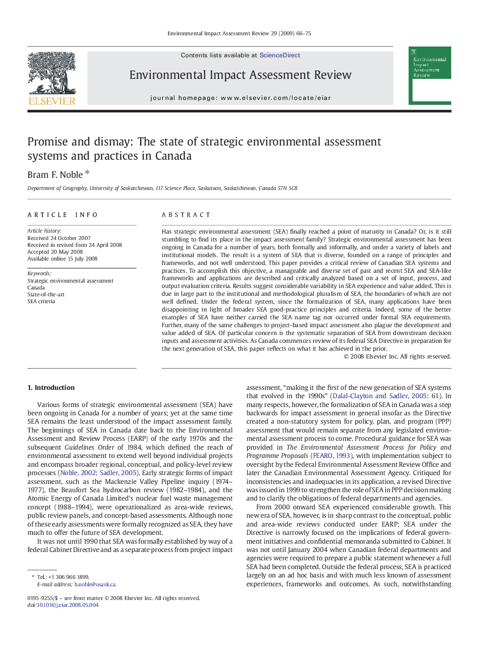 Promise and dismay: The state of strategic environmental assessment systems and practices in Canada