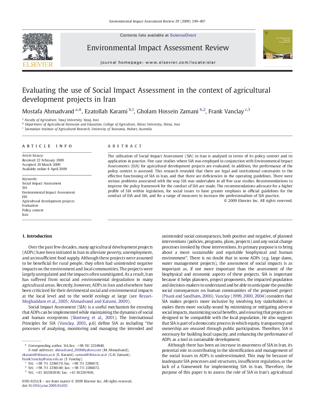 Evaluating the use of Social Impact Assessment in the context of agricultural development projects in Iran