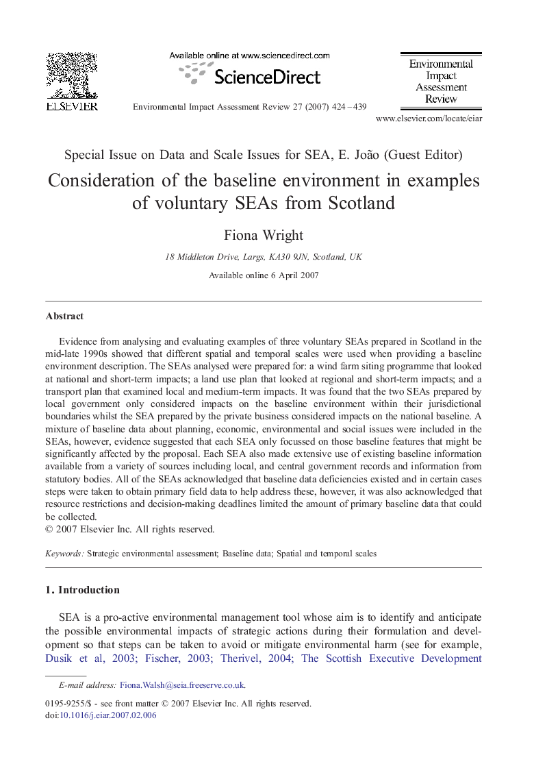 عکس صفحه اول مقاله: Consideration of the baseline environment in examples of voluntary SEAs from Scotland Consideration of the baseline environment in examples of voluntary SEAs from Scotland