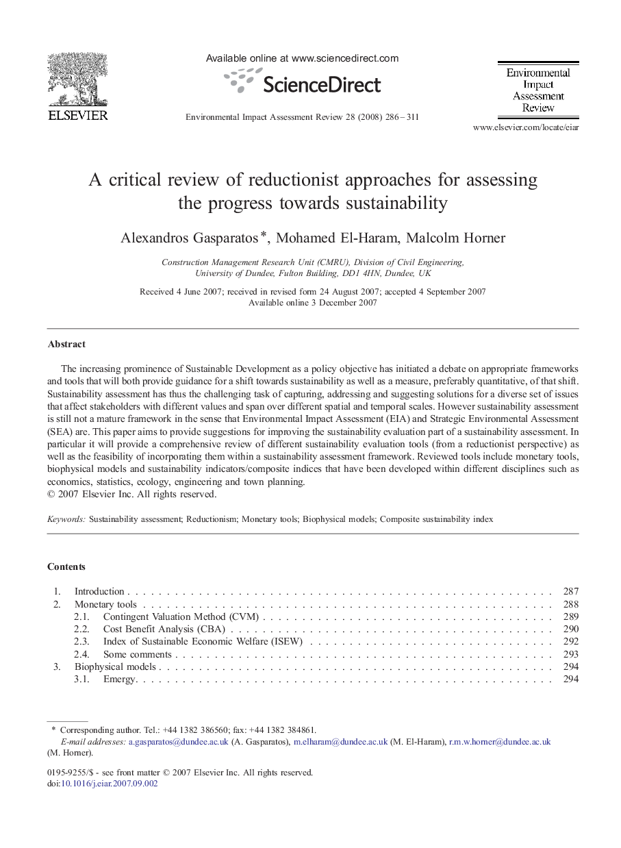 A critical review of reductionist approaches for assessing the progress towards sustainability