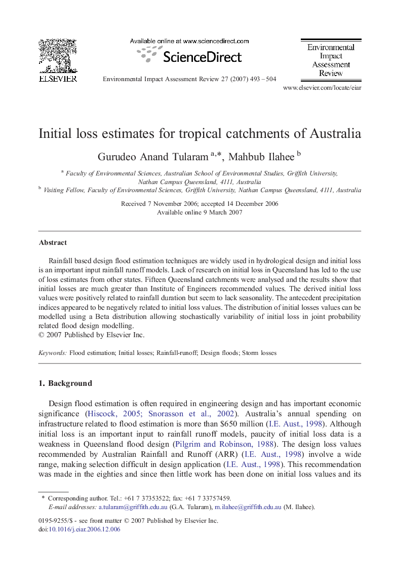 Initial loss estimates for tropical catchments of Australia