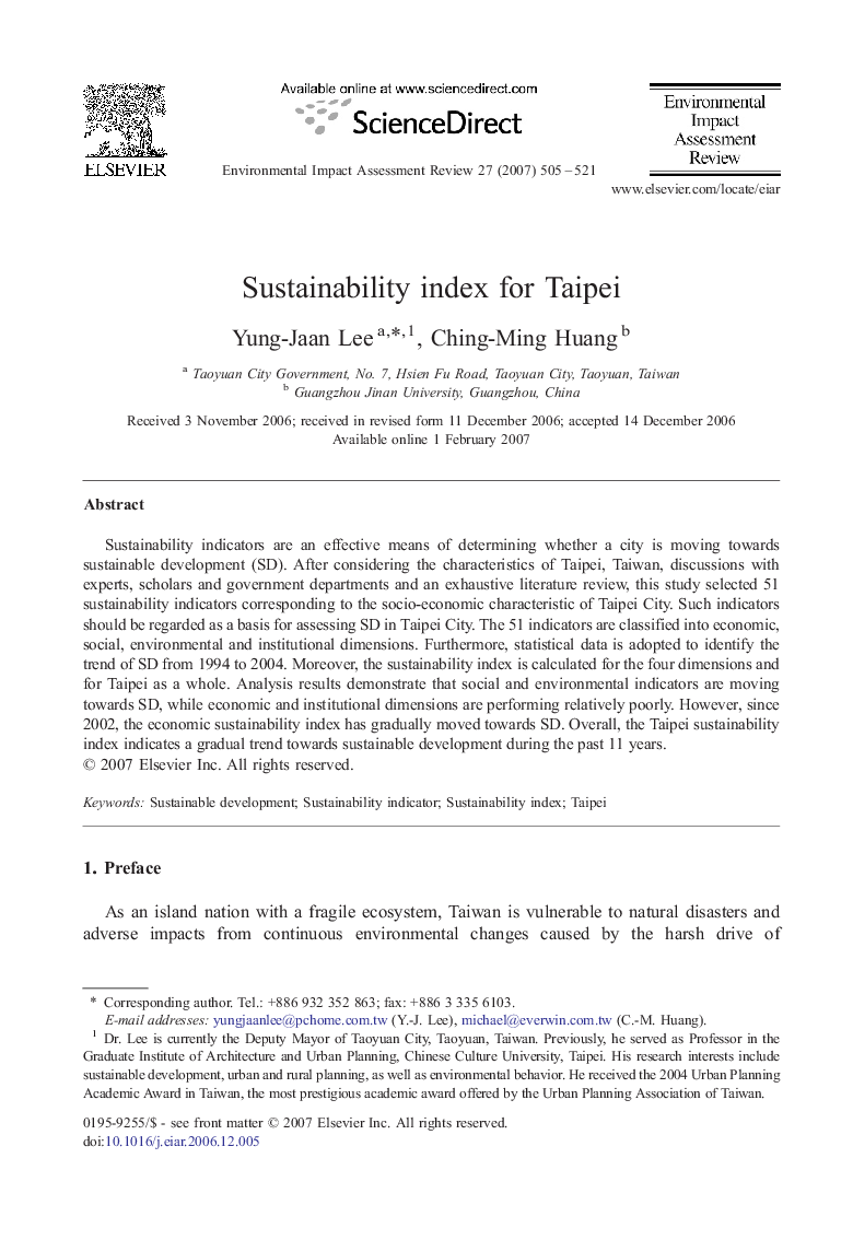 Sustainability index for Taipei