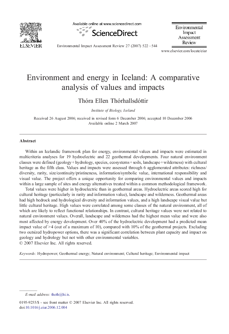 Environment and energy in Iceland: A comparative analysis of values and impacts