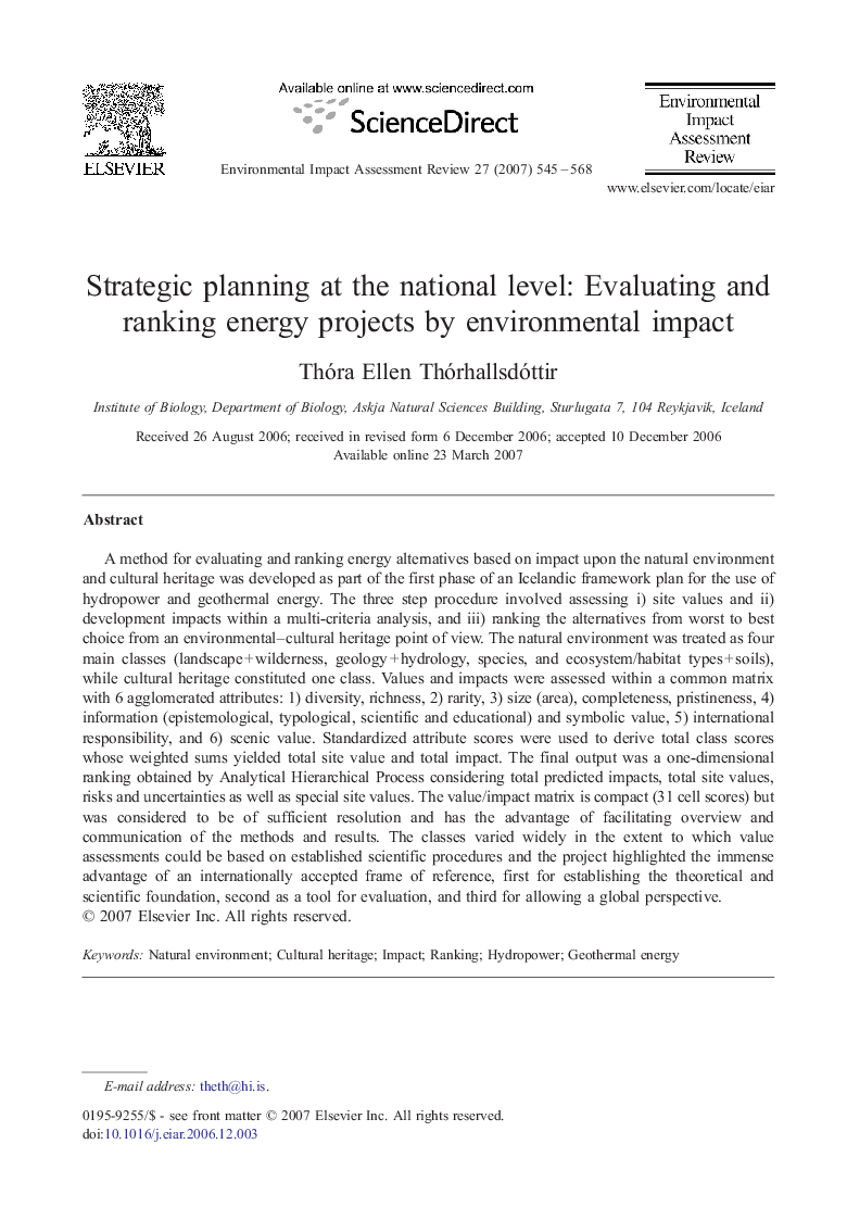 Strategic planning at the national level: Evaluating and ranking energy projects by environmental impact