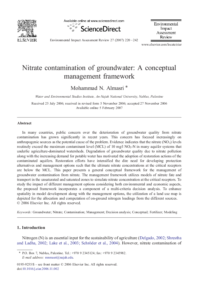 Nitrate contamination of groundwater: A conceptual management framework