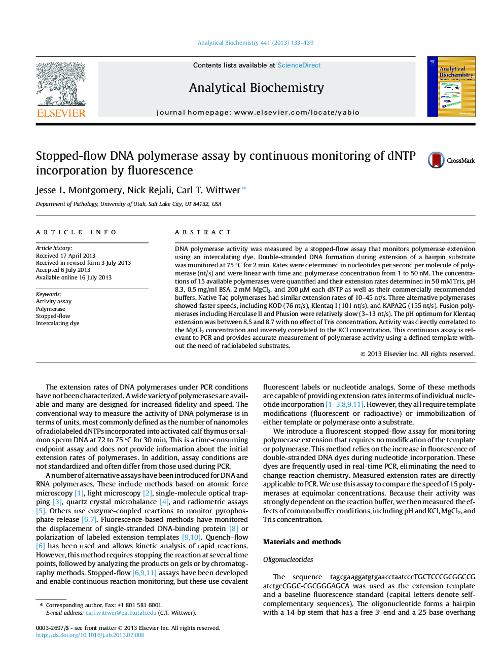 Stopped-flow DNA polymerase assay by continuous monitoring of dNTP incorporation by fluorescence