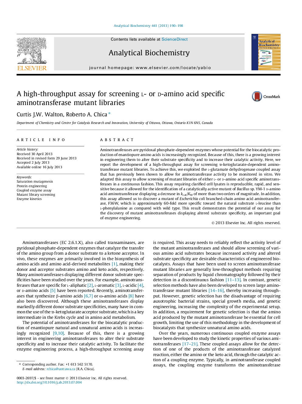 A high-throughput assay for screening l- or d-amino acid specific aminotransferase mutant libraries