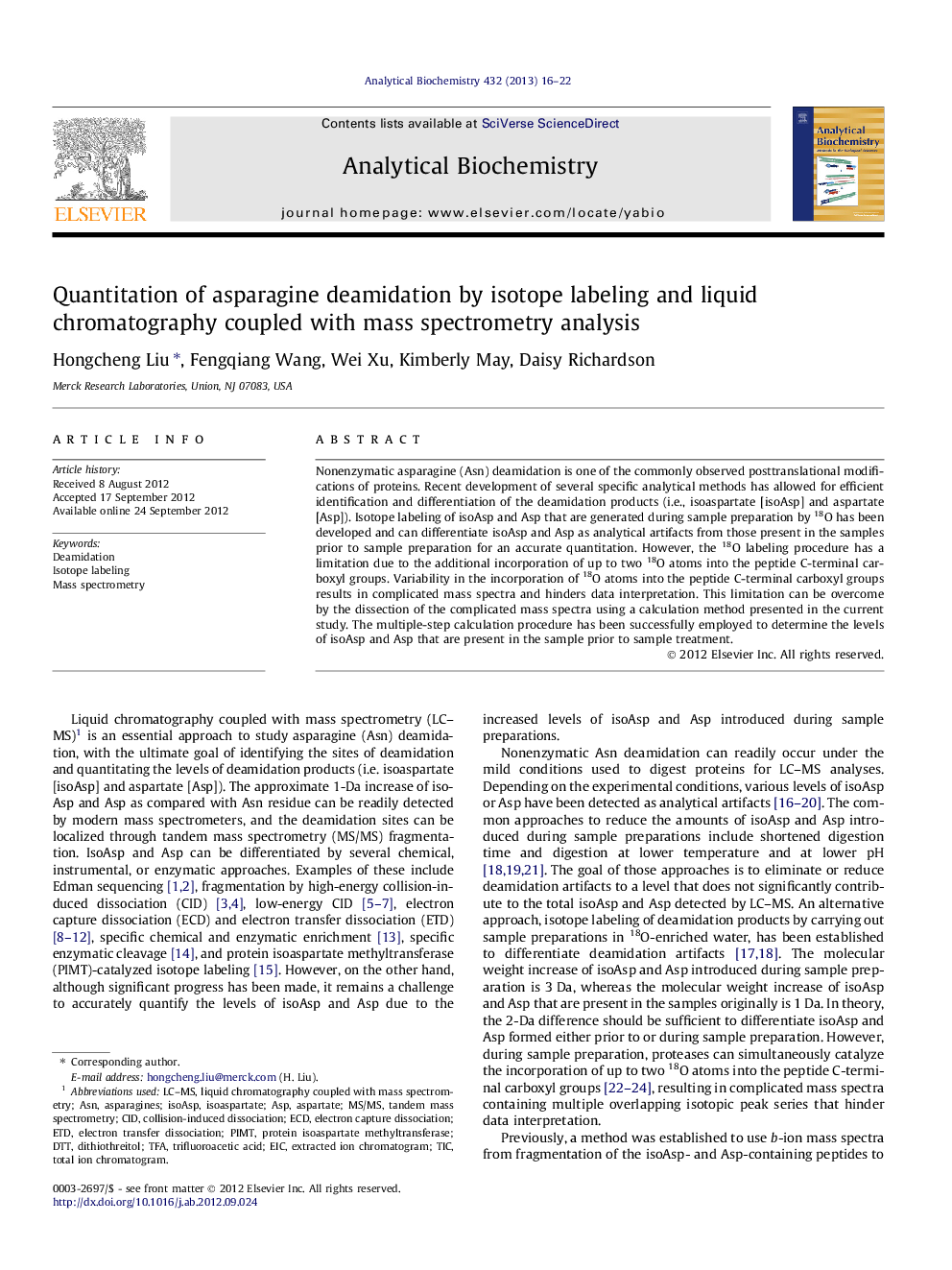 Quantitation of asparagine deamidation by isotope labeling and liquid chromatography coupled with mass spectrometry analysis