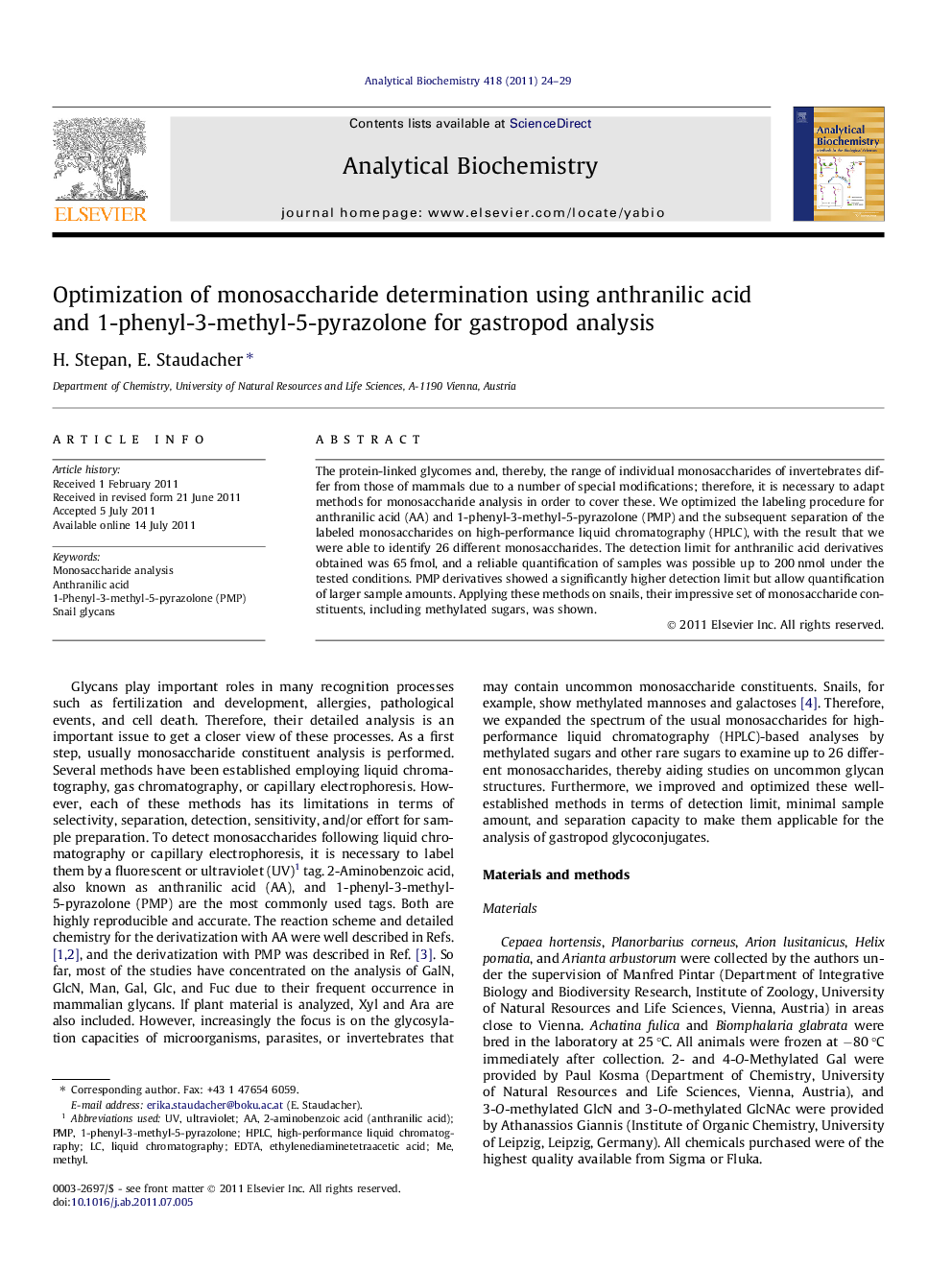 Optimization of monosaccharide determination using anthranilic acid and 1-phenyl-3-methyl-5-pyrazolone for gastropod analysis