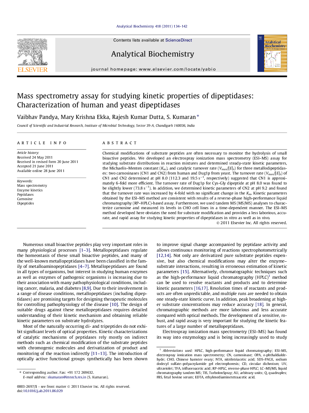 Mass spectrometry assay for studying kinetic properties of dipeptidases: Characterization of human and yeast dipeptidases