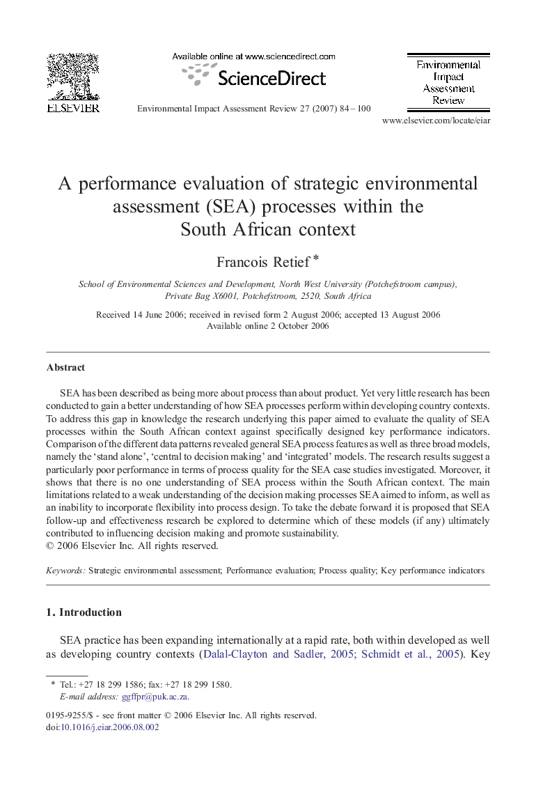 A performance evaluation of strategic environmental assessment (SEA) processes within the South African context