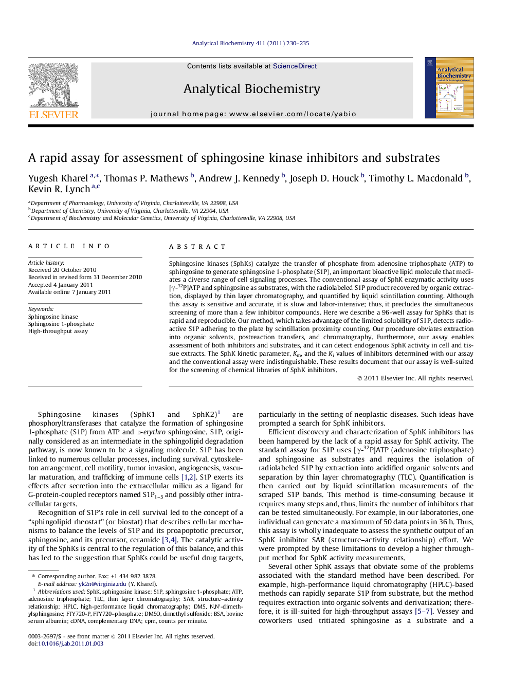 A rapid assay for assessment of sphingosine kinase inhibitors and substrates