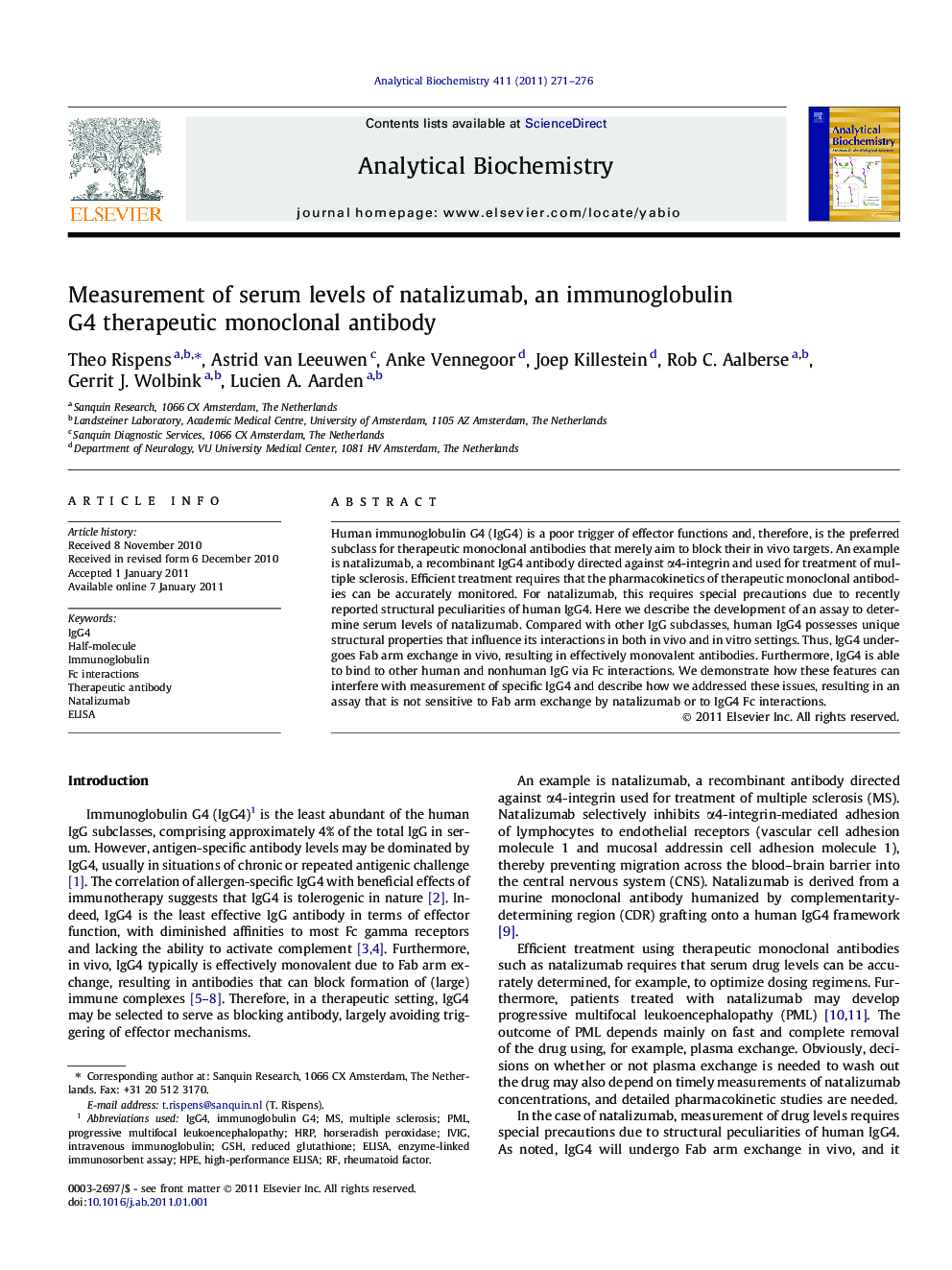Measurement of serum levels of natalizumab, an immunoglobulin G4 therapeutic monoclonal antibody