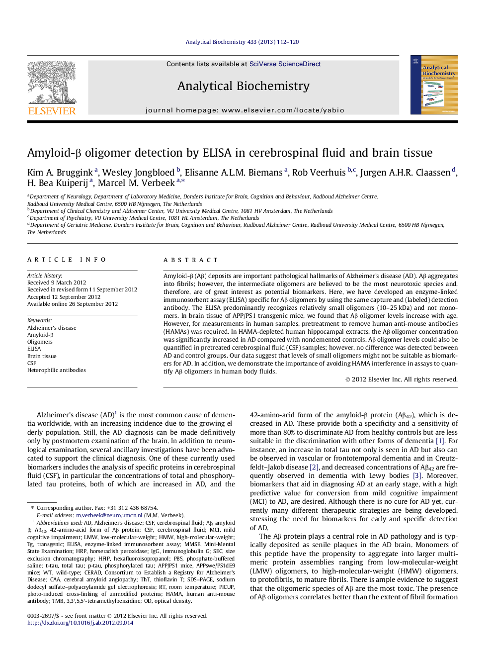 Amyloid-Î² oligomer detection by ELISA in cerebrospinal fluid and brain tissue