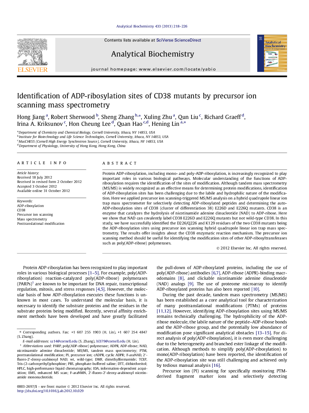 Identification of ADP-ribosylation sites of CD38 mutants by precursor ion scanning mass spectrometry