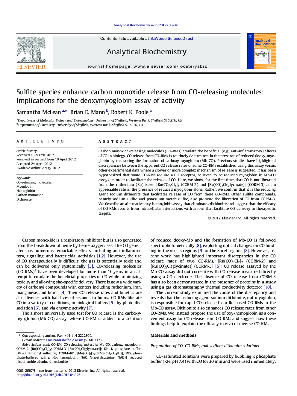 Sulfite species enhance carbon monoxide release from CO-releasing molecules: Implications for the deoxymyoglobin assay of activity