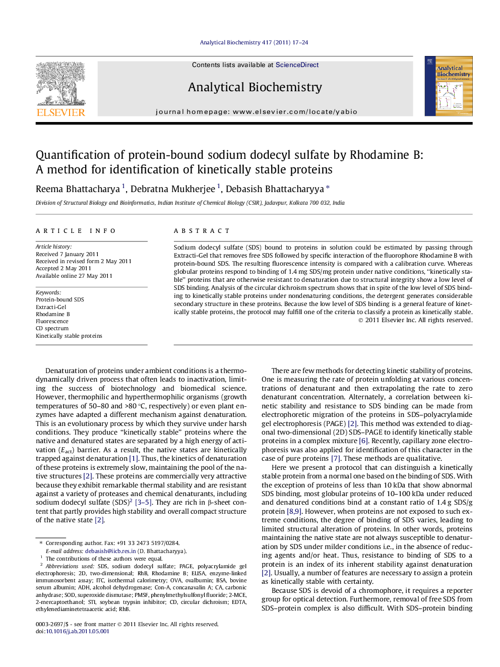 Quantification of protein-bound sodium dodecyl sulfate by Rhodamine B: A method for identification of kinetically stable proteins