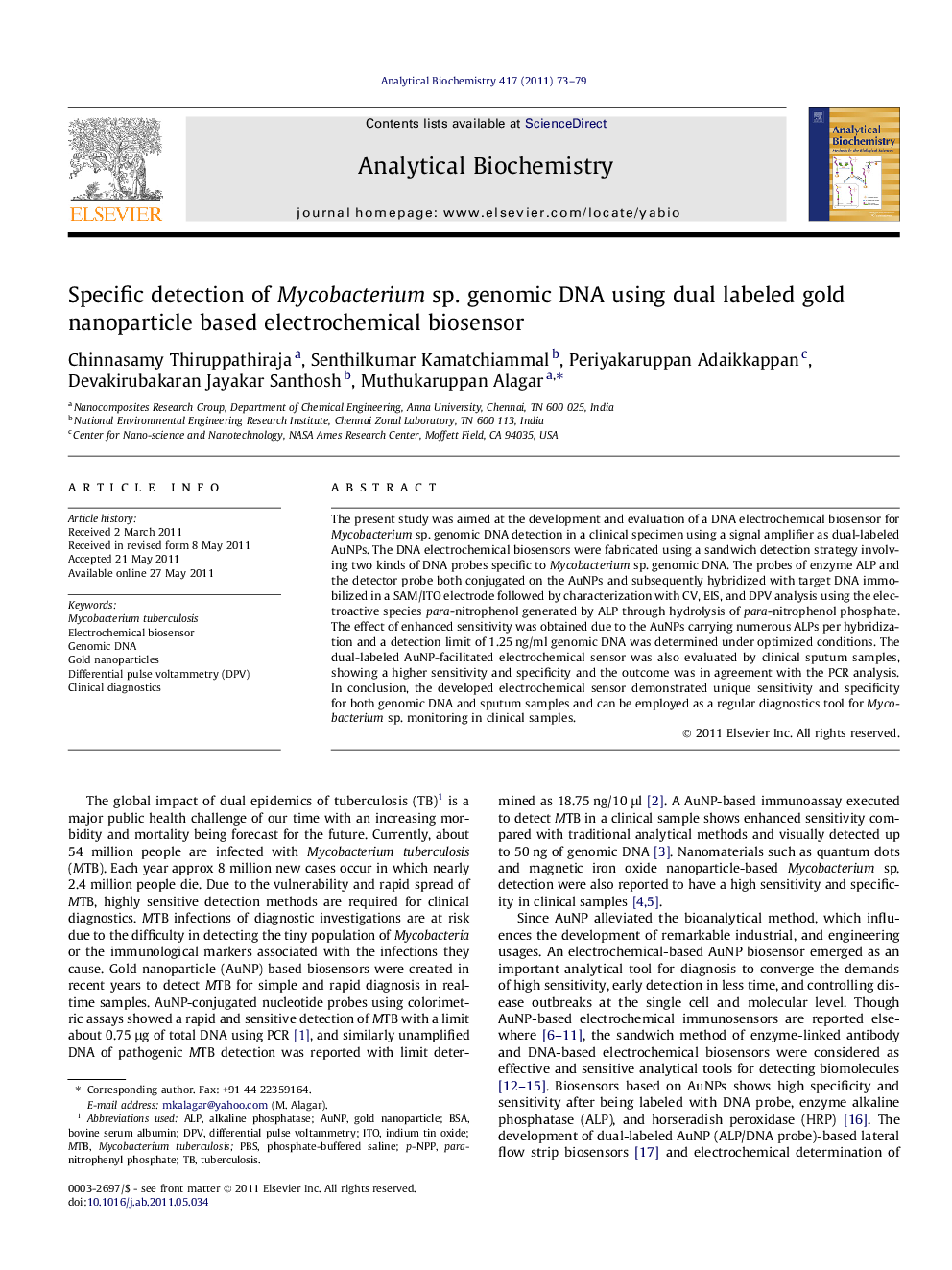 Specific detection of Mycobacterium sp. genomic DNA using dual labeled gold nanoparticle based electrochemical biosensor