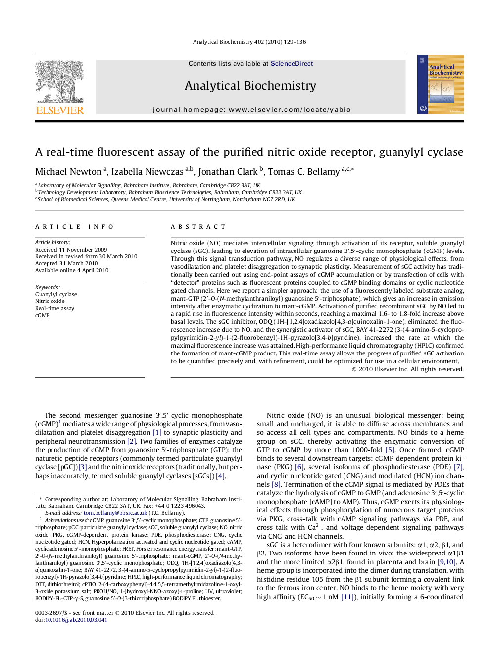 A real-time fluorescent assay of the purified nitric oxide receptor, guanylyl cyclase