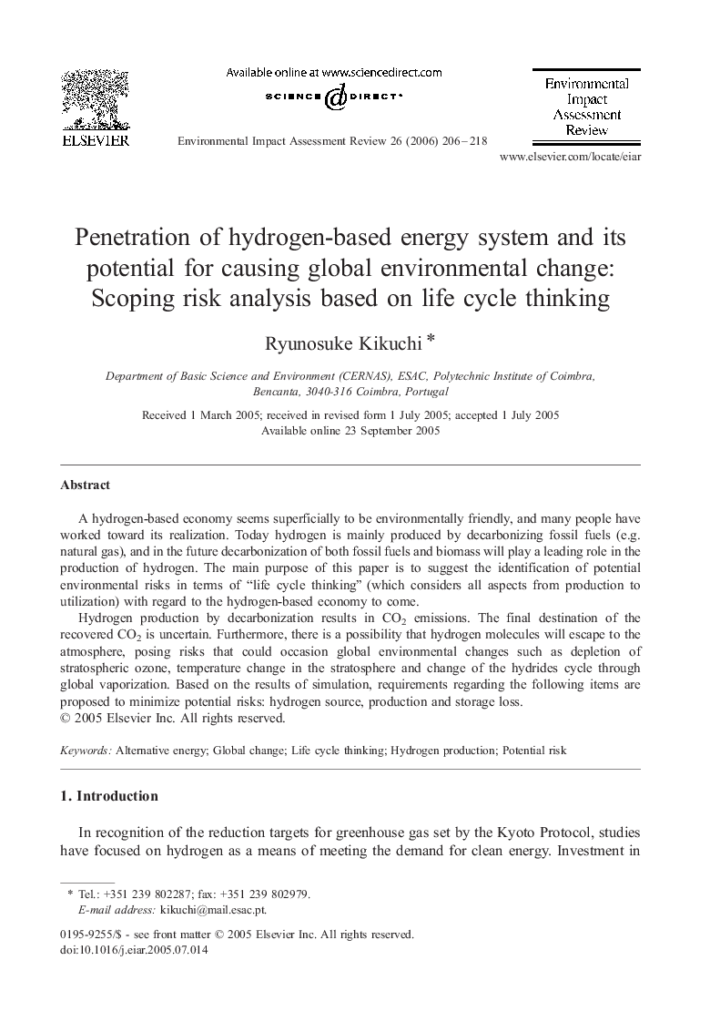 Penetration of hydrogen-based energy system and its potential for causing global environmental change: Scoping risk analysis based on life cycle thinking