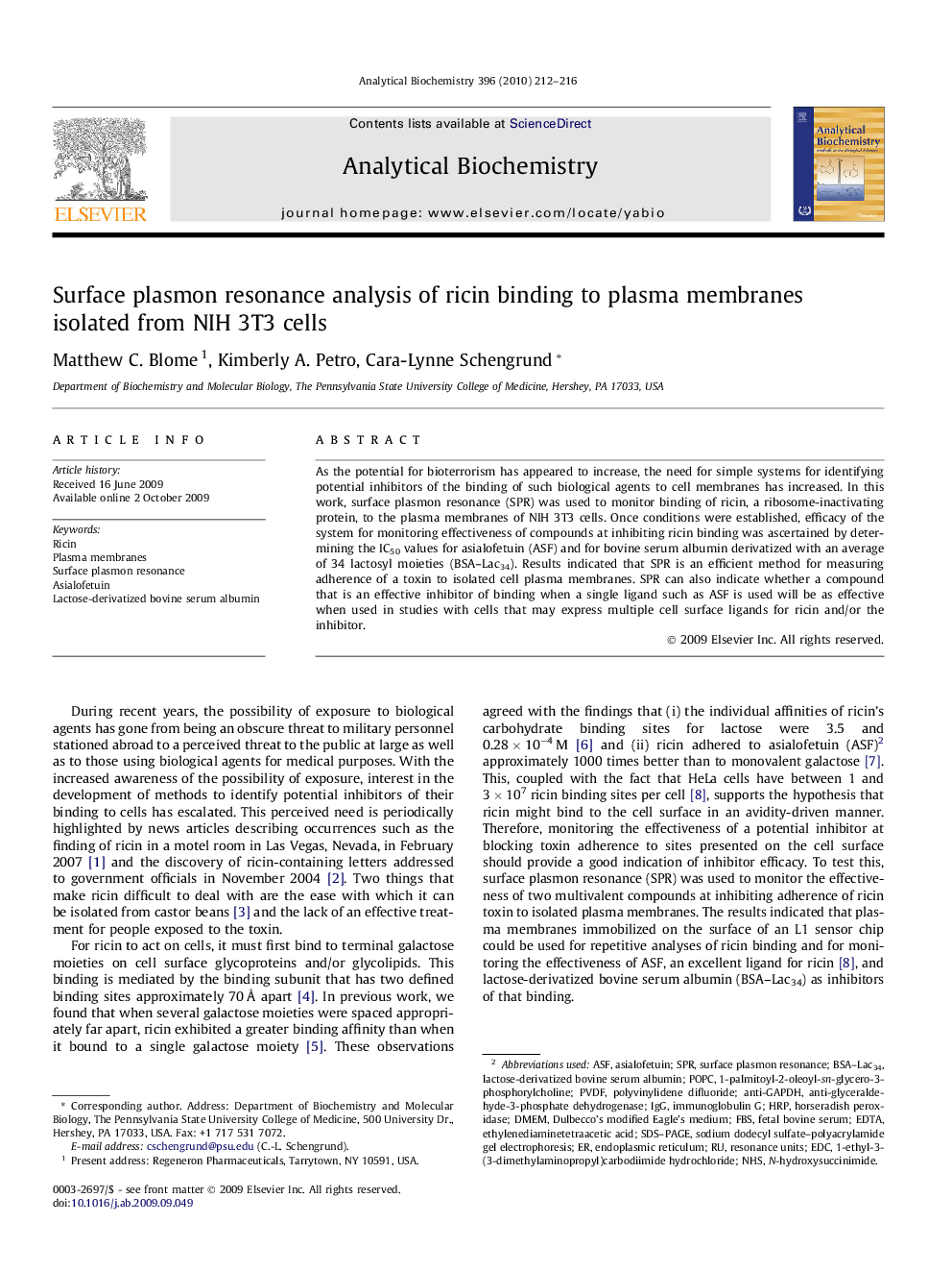 Surface plasmon resonance analysis of ricin binding to plasma membranes isolated from NIH 3T3 cells