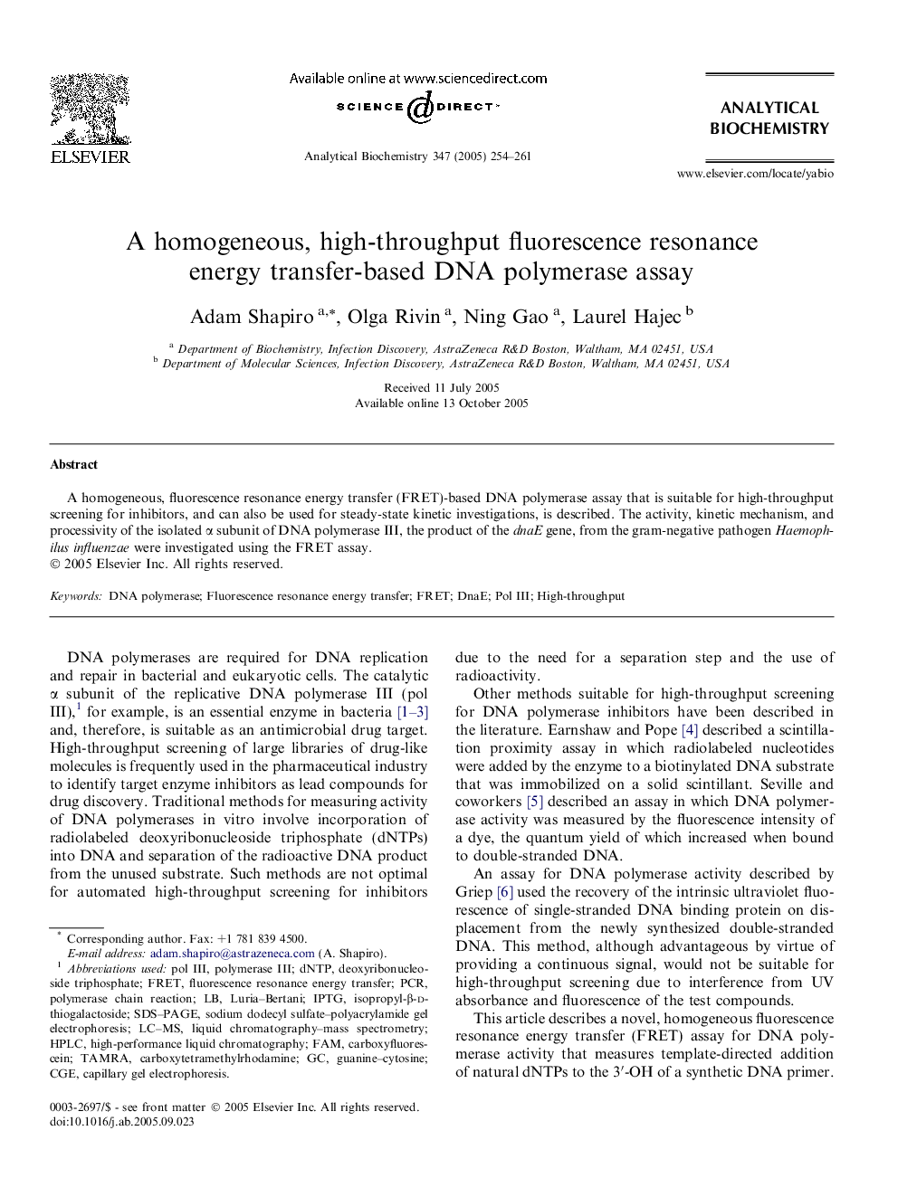 A homogeneous, high-throughput fluorescence resonance energy transfer-based DNA polymerase assay