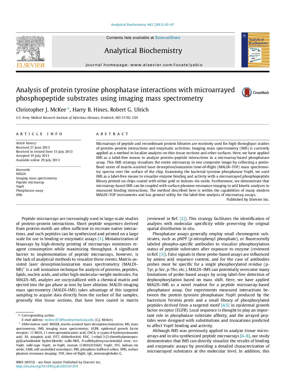 Analysis of protein tyrosine phosphatase interactions with microarrayed phosphopeptide substrates using imaging mass spectrometry