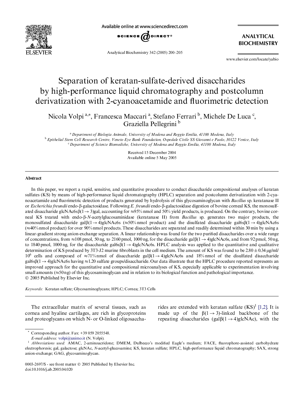 Separation of keratan-sulfate-derived disaccharides by high-performance liquid chromatography and postcolumn derivatization with 2-cyanoacetamide and fluorimetric detection