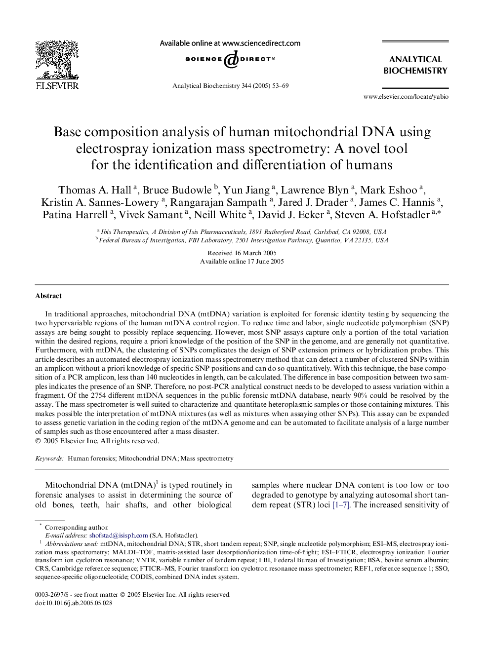 Base composition analysis of human mitochondrial DNA using electrospray ionization mass spectrometry: A novel tool for the identification and differentiation of humans