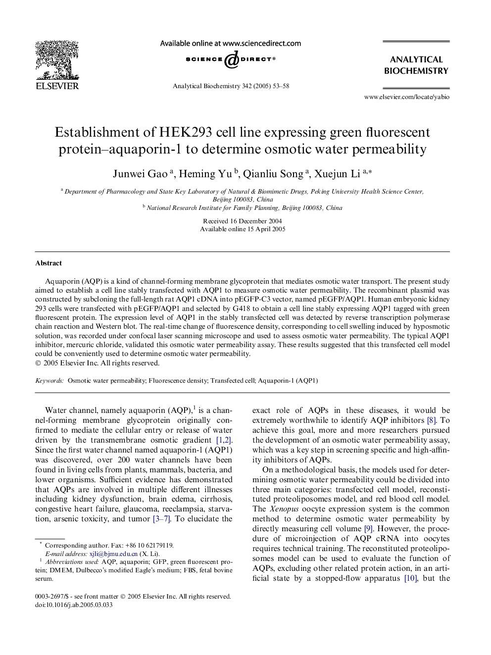 Establishment of HEK293 cell line expressing green fluorescent protein-aquaporin-1 to determine osmotic water permeability