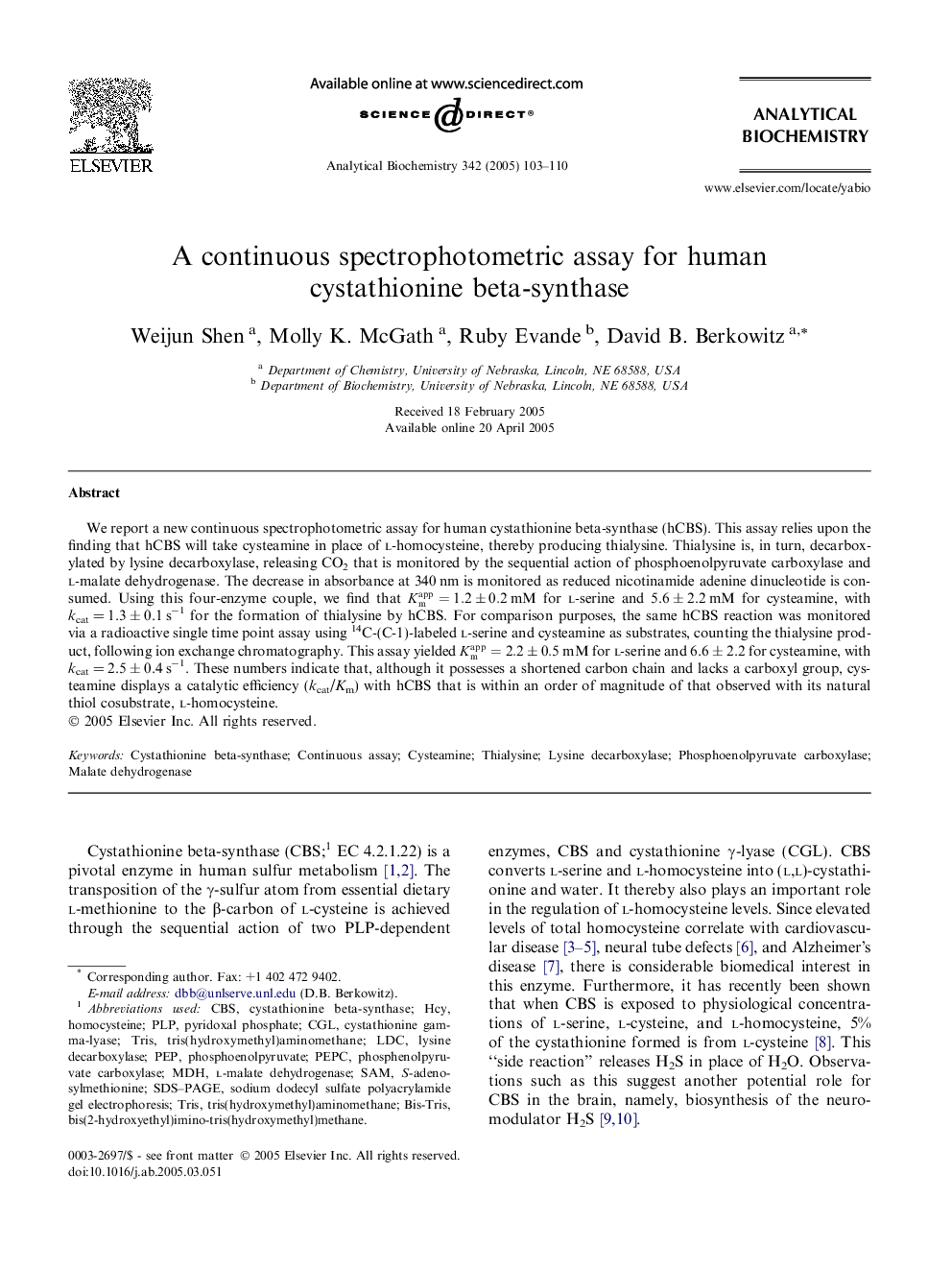 A continuous spectrophotometric assay for human cystathionine beta-synthase