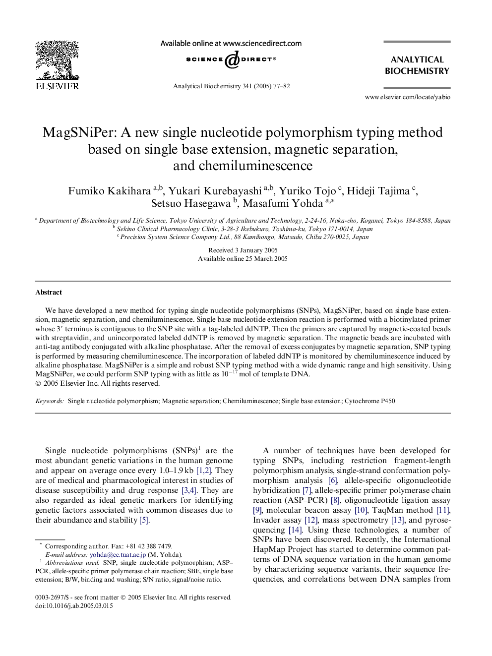 MagSNiPer: A new single nucleotide polymorphism typing method based on single base extension, magnetic separation, and chemiluminescence