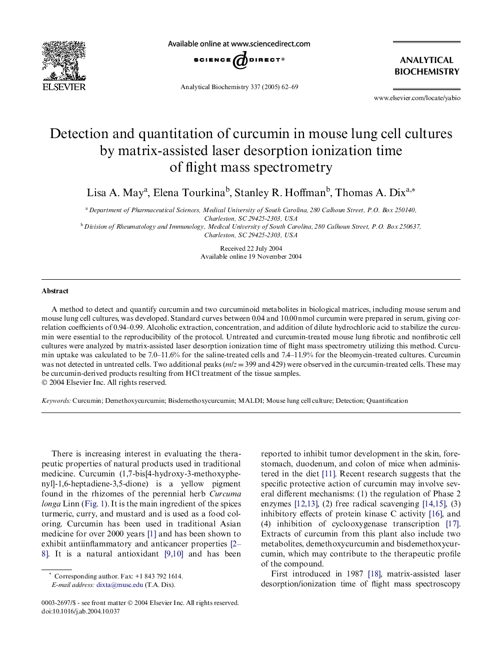 Detection and quantitation of curcumin in mouse lung cell cultures by matrix-assisted laser desorption ionization time of flight mass spectrometry