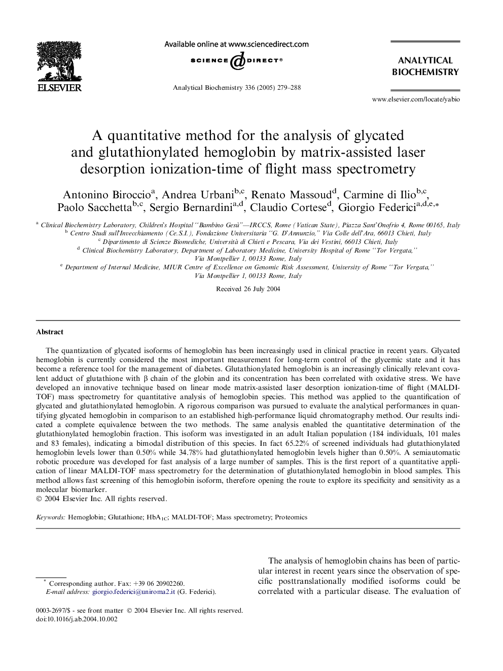 A quantitative method for the analysis of glycated and glutathionylated hemoglobin by matrix-assisted laser desorption ionization-time of flight mass spectrometry