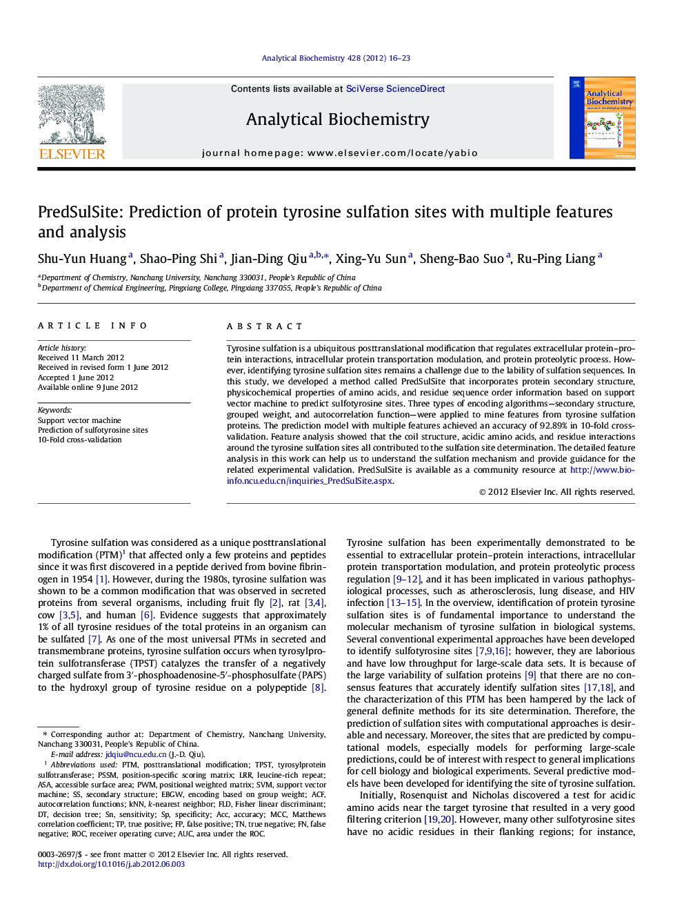 PredSulSite: Prediction of protein tyrosine sulfation sites with multiple features and analysis