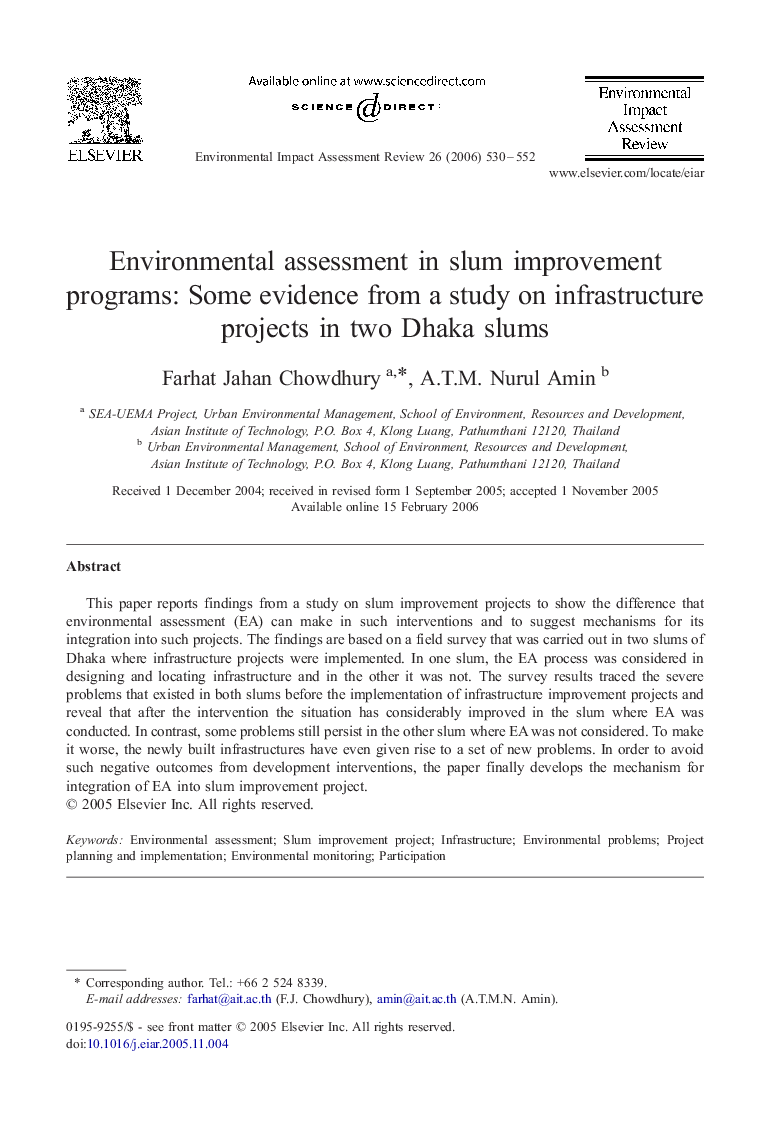 Environmental assessment in slum improvement programs: Some evidence from a study on infrastructure projects in two Dhaka slums