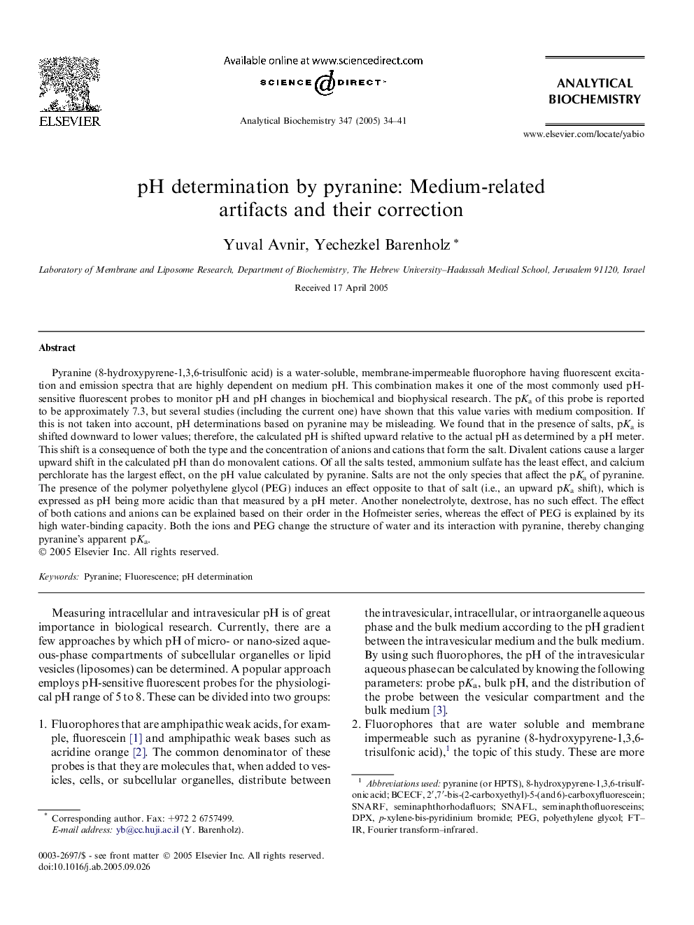 pH determination by pyranine: Medium-related artifacts and their correction