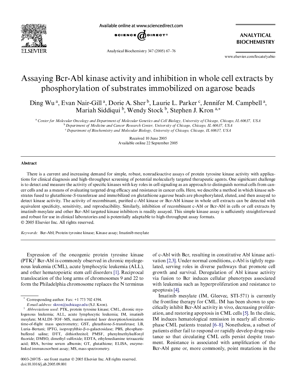 Assaying Bcr-Abl kinase activity and inhibition in whole cell extracts by phosphorylation of substrates immobilized on agarose beads