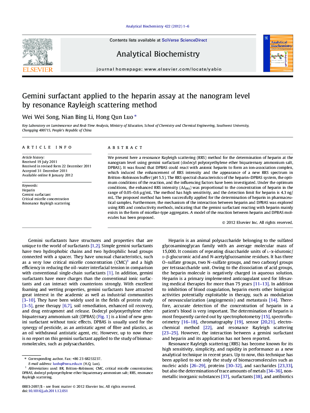 Gemini surfactant applied to the heparin assay at the nanogram level by resonance Rayleigh scattering method