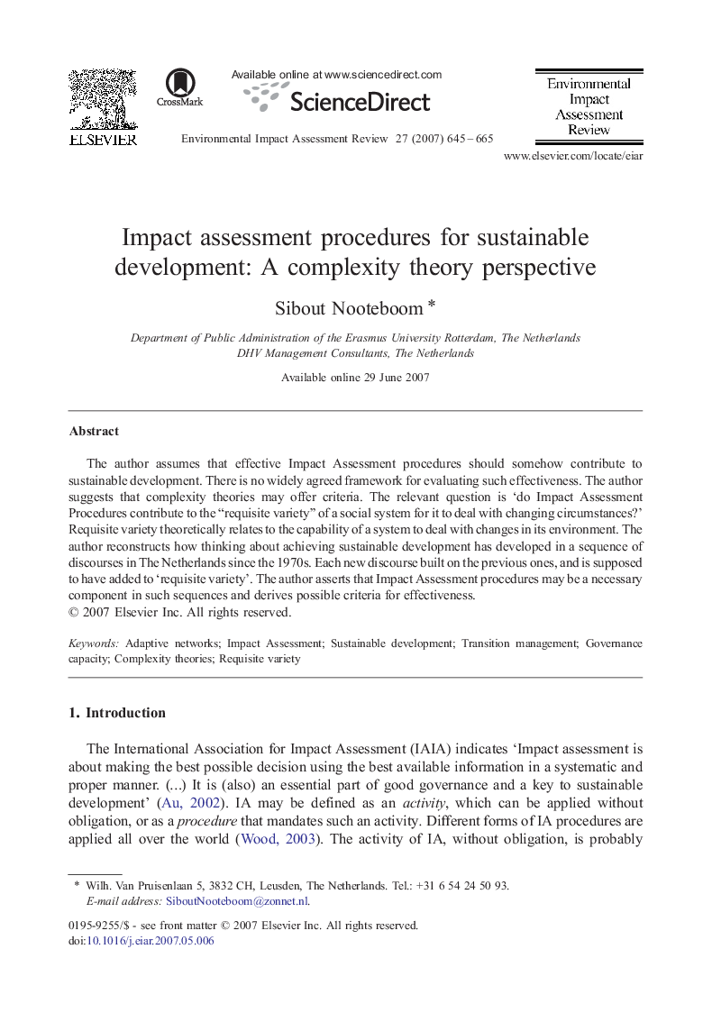 Impact assessment procedures for sustainable development: A complexity theory perspective