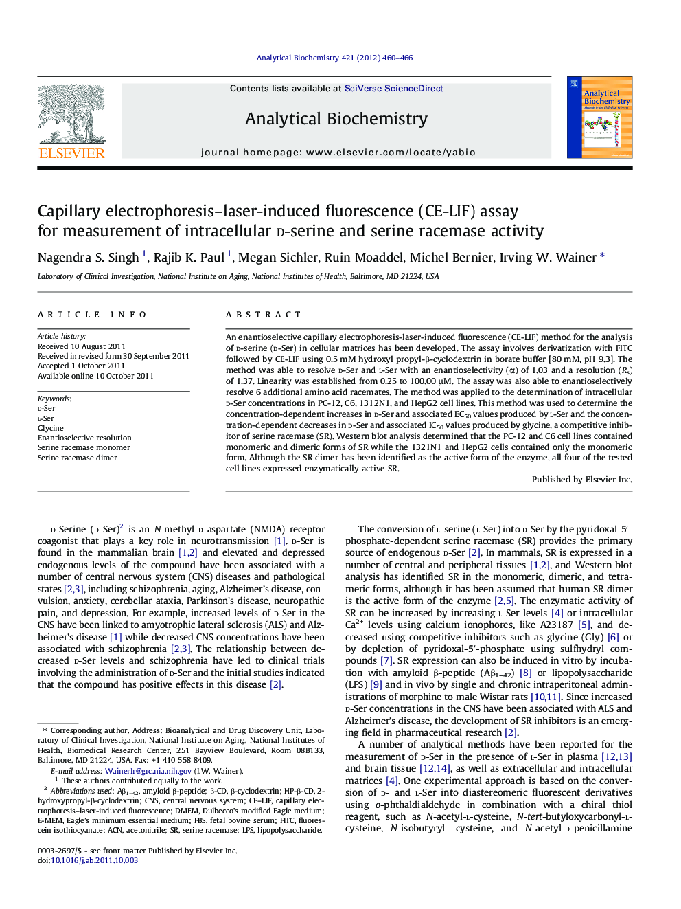 Capillary electrophoresis-laser-induced fluorescence (CE-LIF) assay for measurement of intracellular d-serine and serine racemase activity