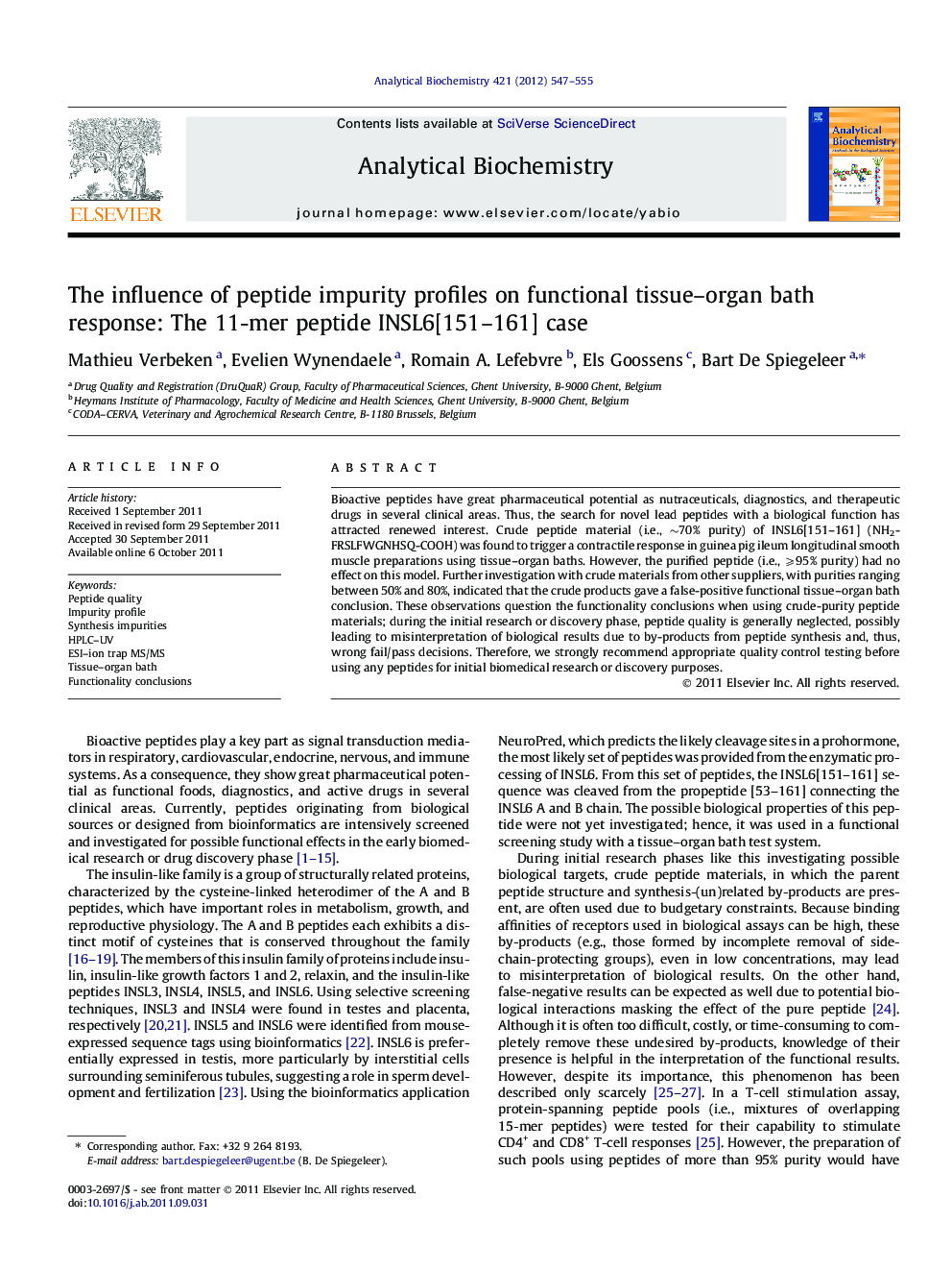 The influence of peptide impurity profiles on functional tissue-organ bath response: The 11-mer peptide INSL6[151-161] case