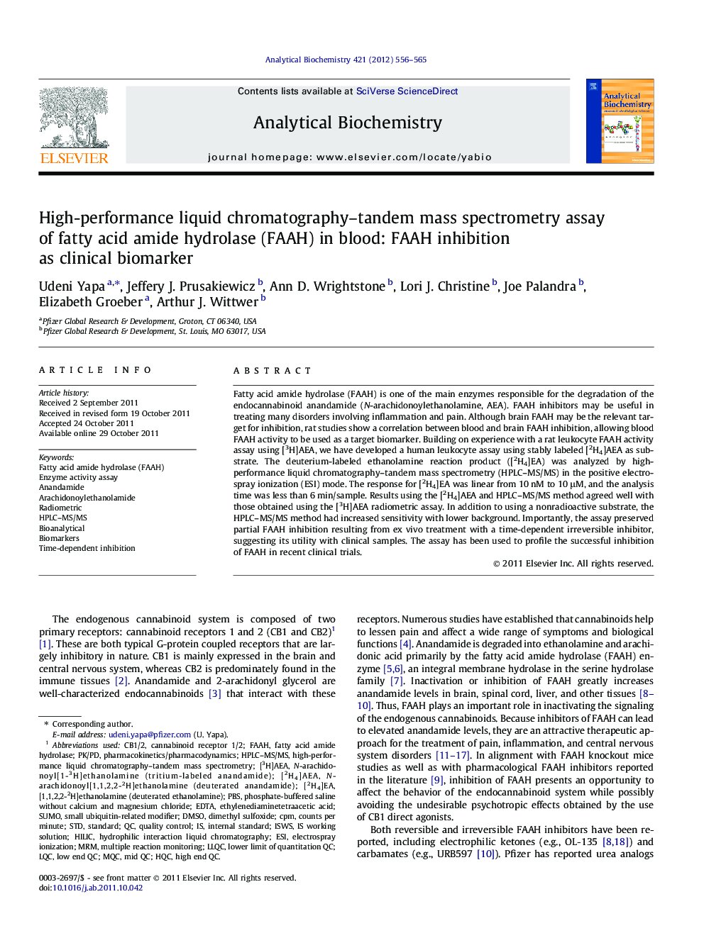 High-performance liquid chromatography-tandem mass spectrometry assay of fatty acid amide hydrolase (FAAH) in blood: FAAH inhibition as clinical biomarker