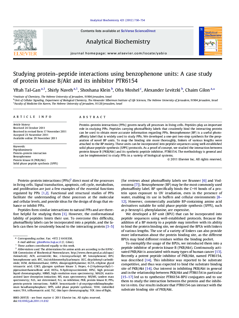 Studying protein-peptide interactions using benzophenone units: A case study of protein kinase B/Akt and its inhibitor PTR6154