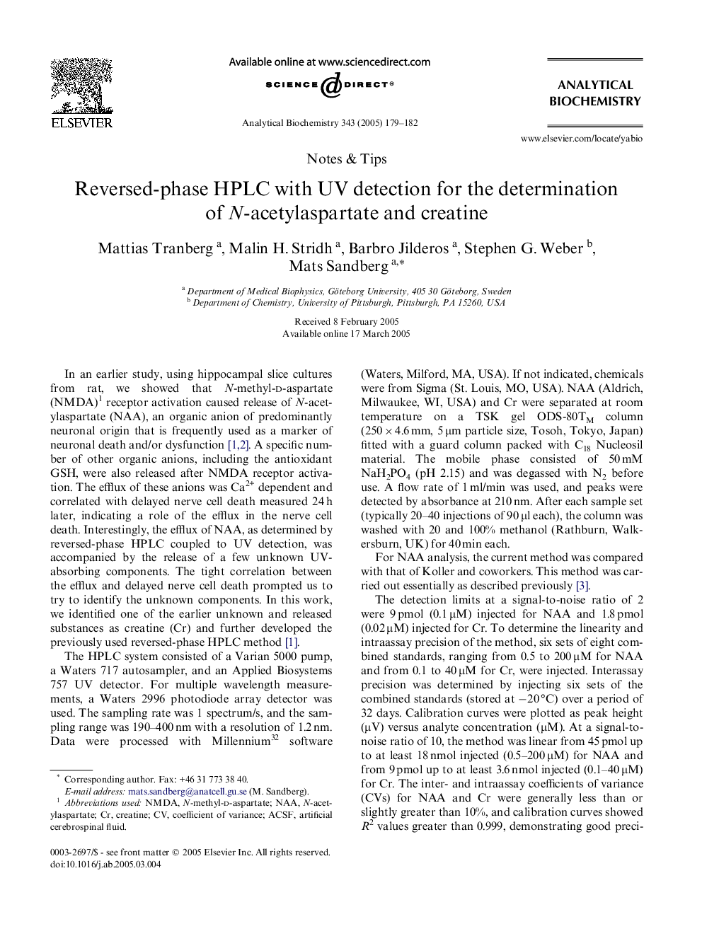 عکس صفحه اول مقاله: Reversed-phase HPLC with UV detection for the determination of N-acetylaspartate and creatine Reversed-phase HPLC with UV detection for the determination of N-acetylaspartate and creatine