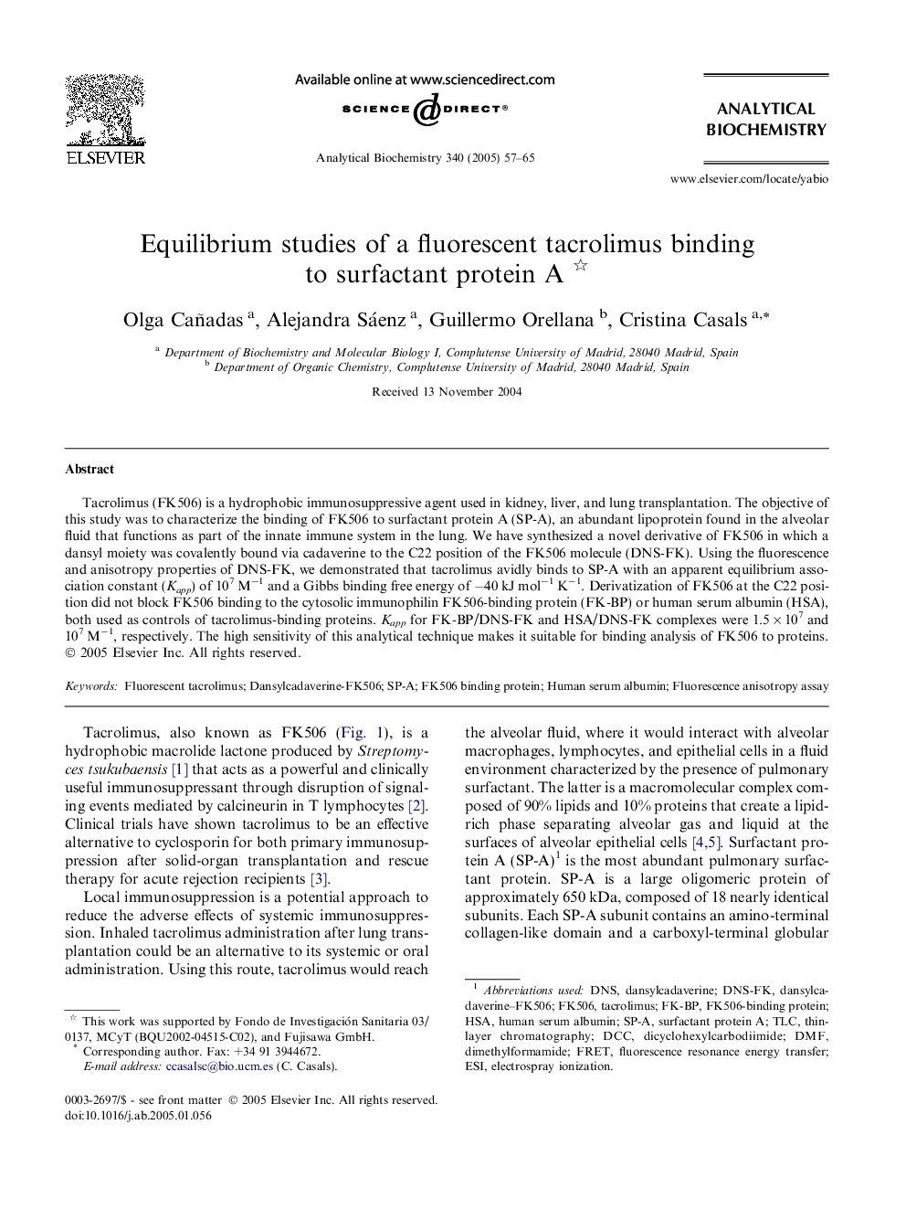 Equilibrium studies of a fluorescent tacrolimus binding to surfactant protein A